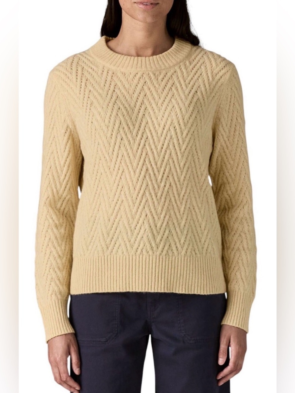 Patagonia 70% recycled wool cream chevron knit crewneck pullover sweater fall L